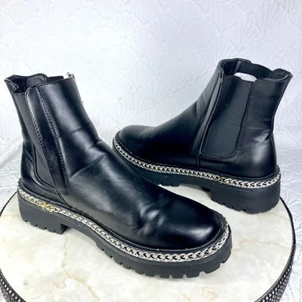 ASOS Chunky Chelsea Boots Womens 7 Black Truffle‎ Collection Faux Leather Chain